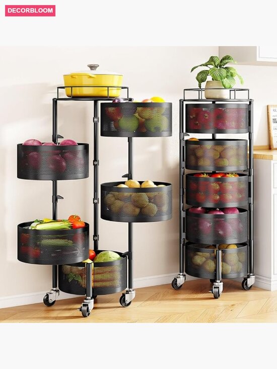 Other - 5-Tier Rotating Fruit Basket Storage Cart on Wheels with Lid